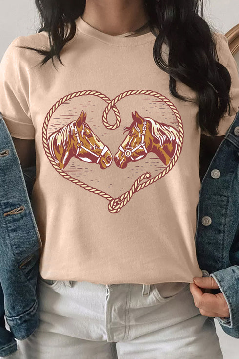 Western Rodeo Horses Rope Heart Graphic Short Sleeve Cowgirl Tee