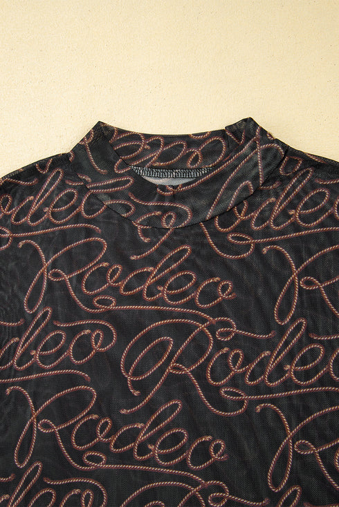 Western Rodeo Print Mesh Mock Neck Long Sleeve Top