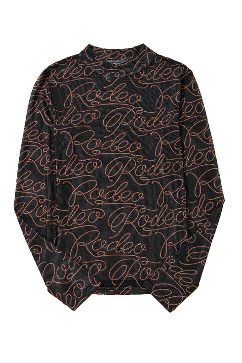 Western Rodeo Print Mesh Mock Neck Long Sleeve Top