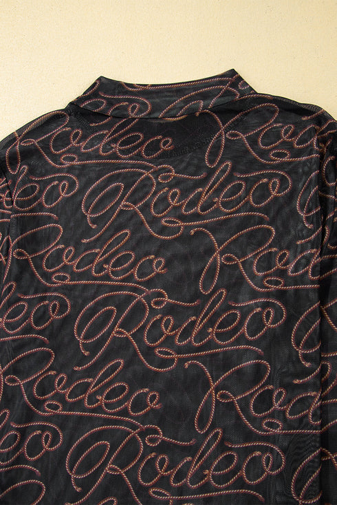 Western Rodeo Print Mesh Mock Neck Long Sleeve Top