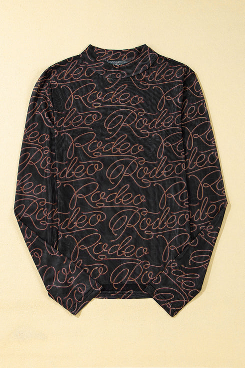 Western Rodeo Print Mesh Mock Neck Long Sleeve Top