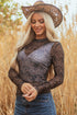 Western Rodeo Print Mesh Mock Neck Long Sleeve Top