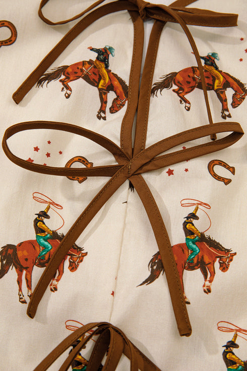 Western Rodeo Print Tie Front Puff Sleeve Cotton Blouse