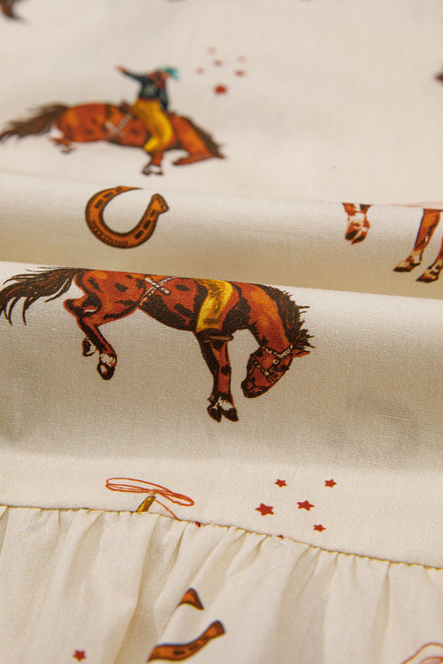 Western Rodeo Print Tie Front Puff Sleeve Cotton Blouse