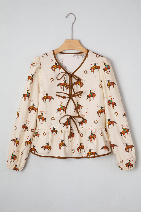 Western Rodeo Print Tie Front Puff Sleeve Cotton Blouse