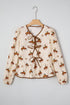 Western Rodeo Print Tie Front Puff Sleeve Cotton Blouse