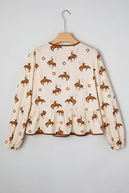 Western Rodeo Print Tie Front Puff Sleeve Cotton Blouse