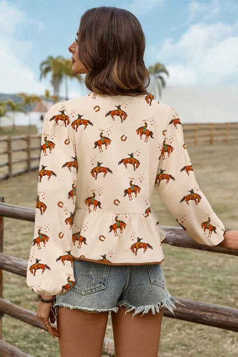 Western Rodeo Print Tie Front Puff Sleeve Cotton Blouse