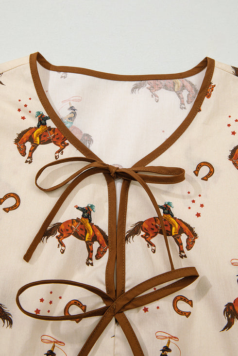 Western Rodeo Print Tie Front Puff Sleeve Cotton Blouse