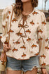 Western Rodeo Print Tie Front Puff Sleeve Cotton Blouse