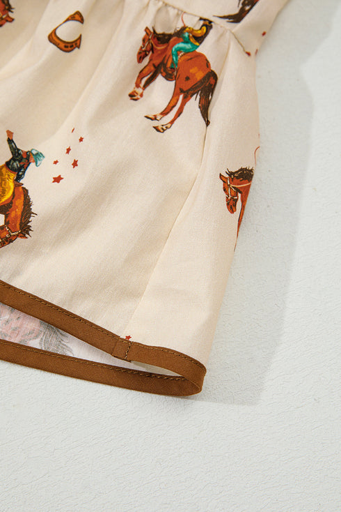 Western Rodeo Print Tie Front Puff Sleeve Cotton Blouse