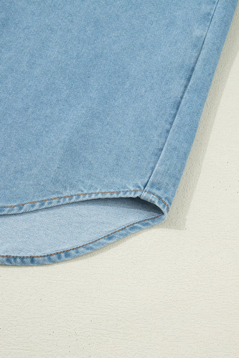 Western Ruffle Short Puff Sleeve Flap Pocket Denim Shirt