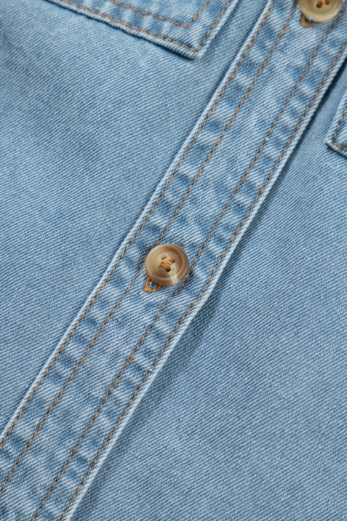 Western Ruffle Short Puff Sleeve Flap Pocket Denim Shirt