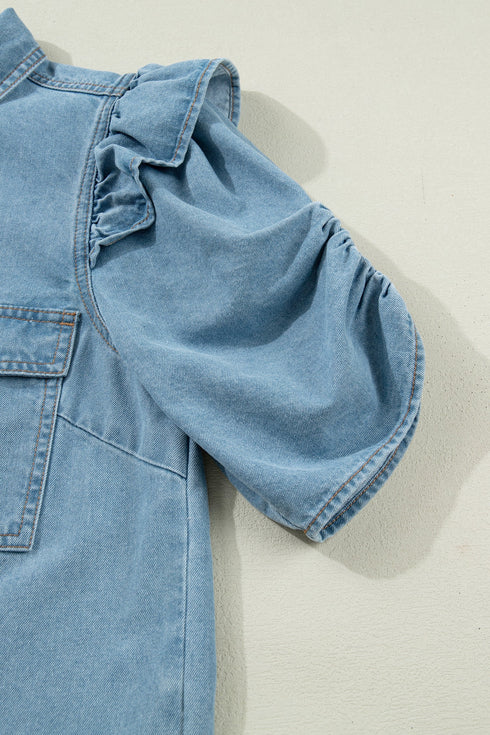 Western Ruffle Short Puff Sleeve Flap Pocket Denim Shirt
