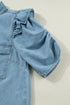 Western Ruffle Short Puff Sleeve Flap Pocket Denim Shirt