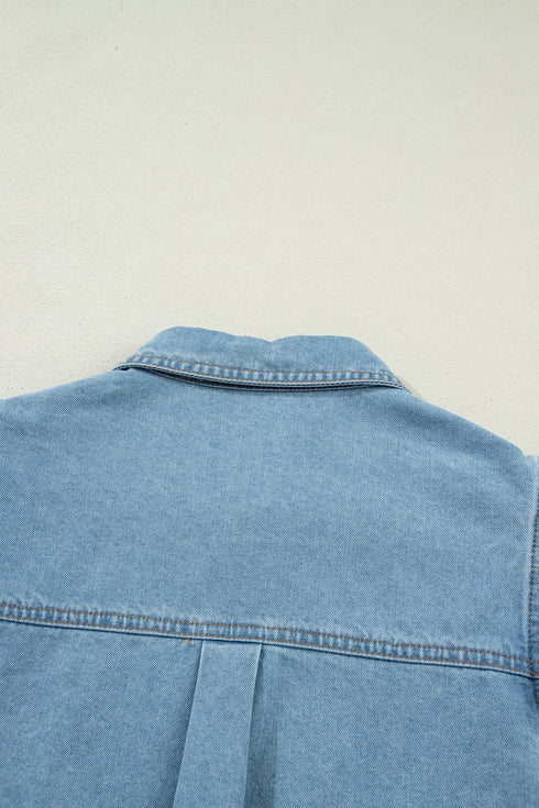 Western Ruffle Short Puff Sleeve Flap Pocket Denim Shirt