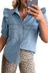 Western Ruffle Short Puff Sleeve Flap Pocket Denim Shirt