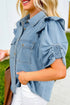 Western Ruffle Short Puff Sleeve Flap Pocket Denim Shirt