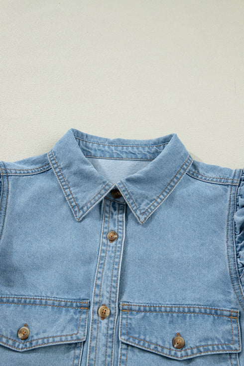 Western Ruffle Short Puff Sleeve Flap Pocket Denim Shirt