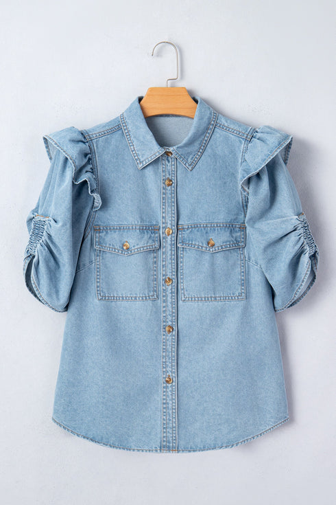 Western Ruffle Short Puff Sleeve Flap Pocket Denim Shirt