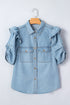 Western Ruffle Short Puff Sleeve Flap Pocket Denim Shirt