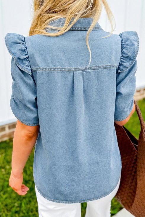 Western Ruffle Short Puff Sleeve Flap Pocket Denim Shirt