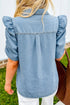 Western Ruffle Short Puff Sleeve Flap Pocket Denim Shirt