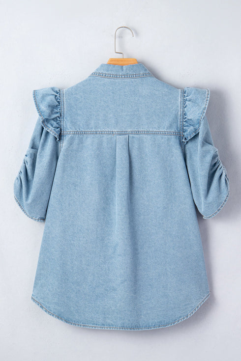 Western Ruffle Short Puff Sleeve Flap Pocket Denim Shirt