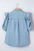 Western Ruffle Short Puff Sleeve Flap Pocket Denim Shirt
