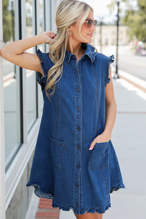 Western Ruffled Edge Collared Denim Shift Mini Dress