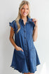 Western Ruffled Edge Collared Denim Shift Mini Dress