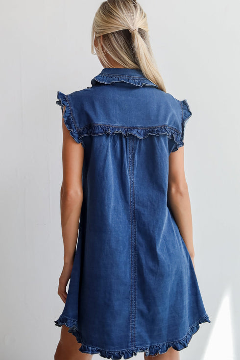Western Ruffled Edge Collared Denim Shift Mini Dress