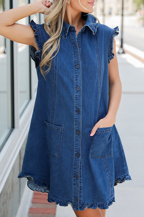 Western Ruffled Edge Collared Denim Shift Mini Dress
