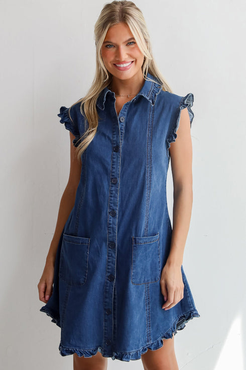 Western Ruffled Edge Collared Denim Shift Mini Dress