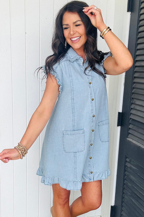 Western Ruffled Edge Collared Denim Shift Mini Dress