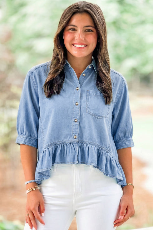 Western Ruffled High Low Lyocell Button Down Shirt