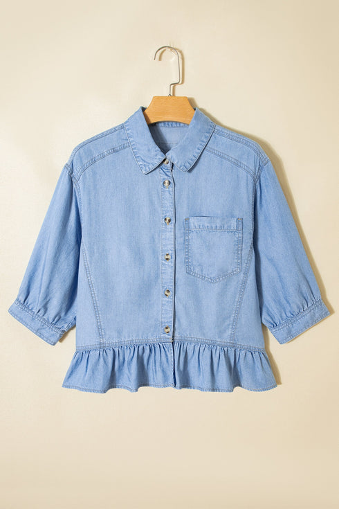 Western Ruffled High Low Lyocell Button Down Shirt