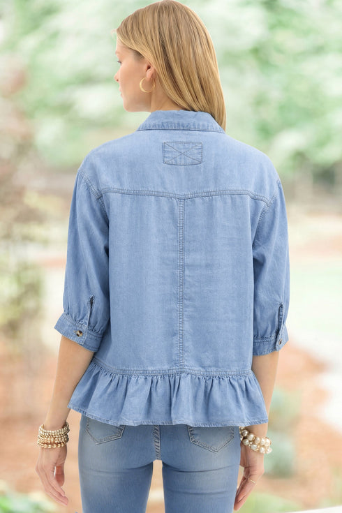 Western Ruffled High Low Lyocell Button Down Shirt