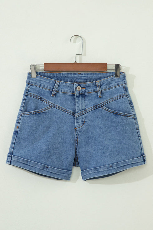 Western Seam Detail Pocketed Cuffed Hem Denim Shorts