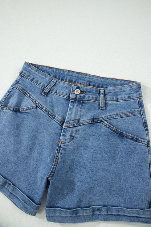 Western Seam Detail Pocketed Cuffed Hem Denim Shorts