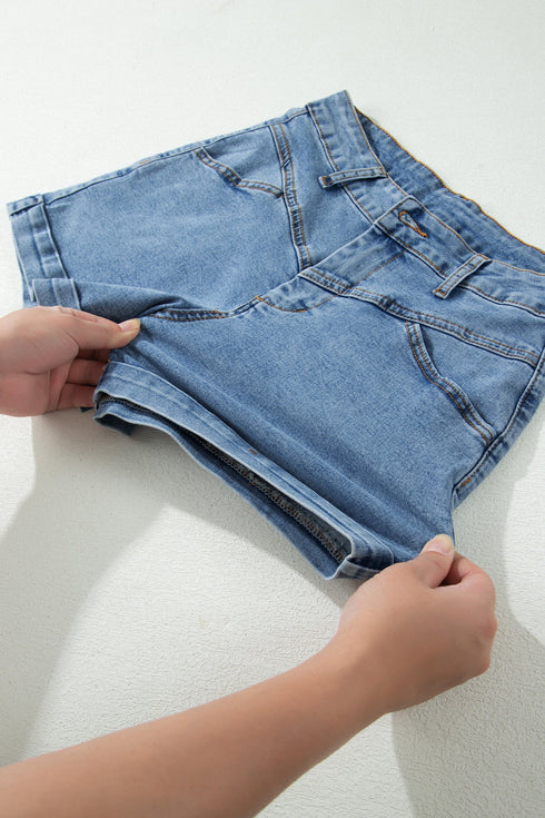 Western Seam Detail Pocketed Cuffed Hem Denim Shorts