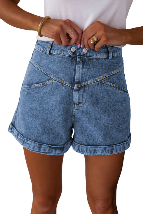 Western Seam Detail Pocketed Cuffed Hem Denim Shorts