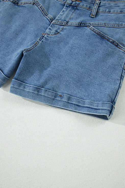 Western Seam Detail Pocketed Cuffed Hem Denim Shorts