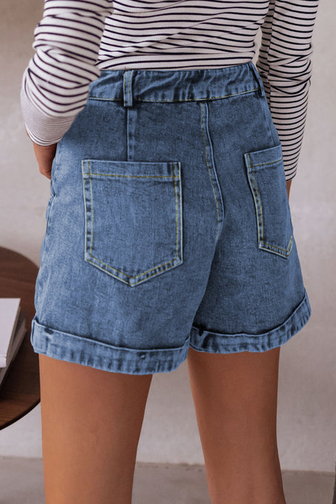 Western Seam Detail Pocketed Cuffed Hem Denim Shorts