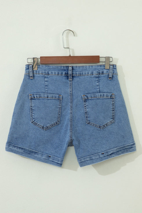 Western Seam Detail Pocketed Cuffed Hem Denim Shorts