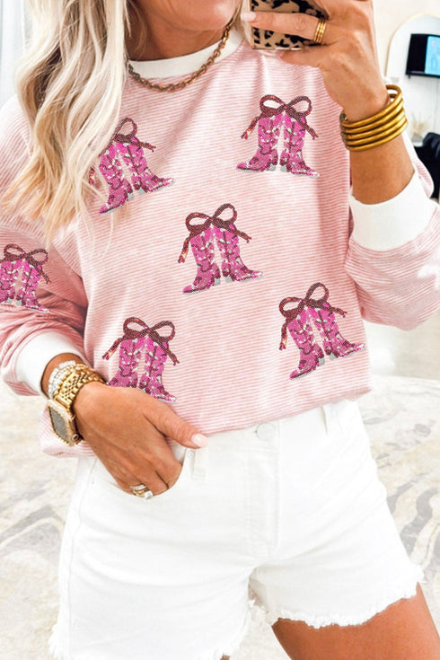Western Sequin Boot Motif Striped Long Sleeve Graphic Tee