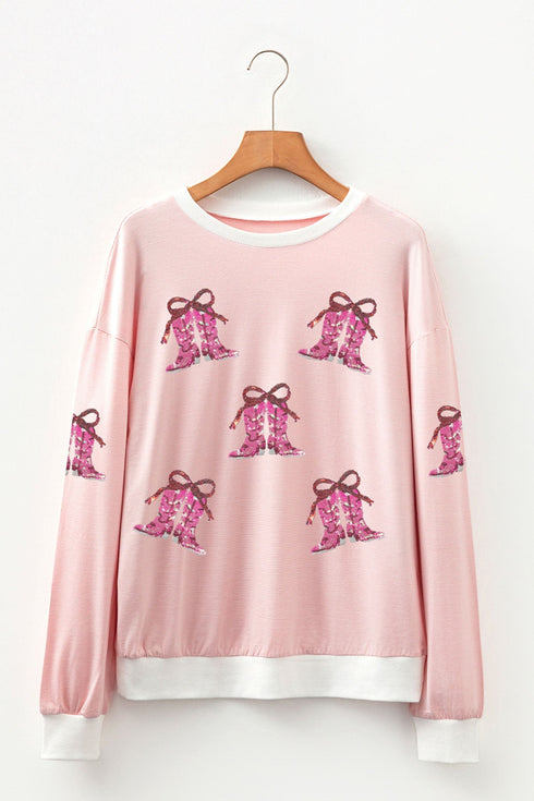 Western Sequin Boot Motif Striped Long Sleeve Graphic Tee