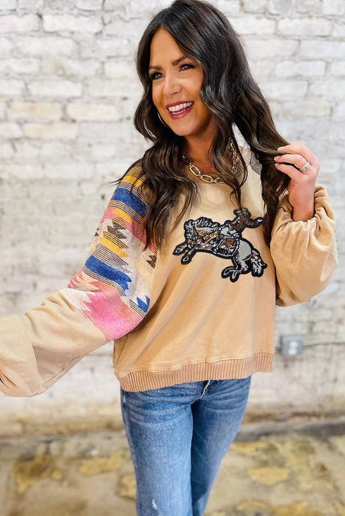 Western Sequin Bronco Graphic Print Sleeve Sweatshirt