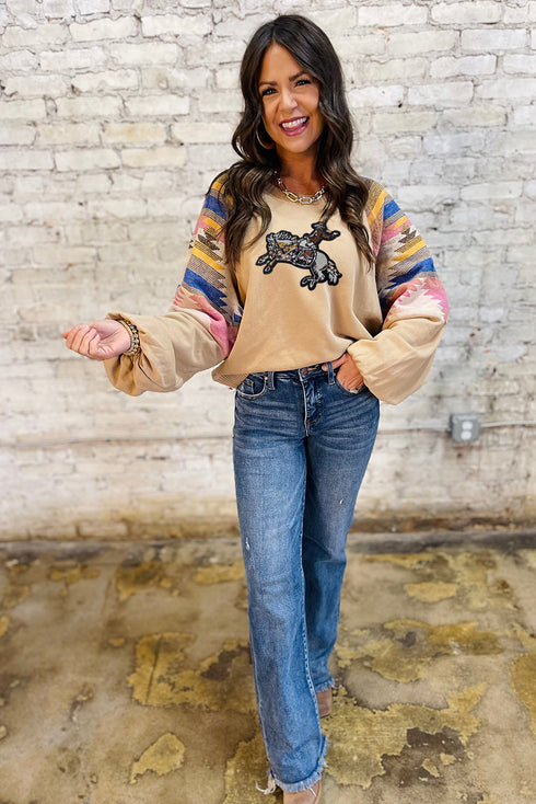 Western Sequin Bronco Graphic Print Sleeve Sweatshirt