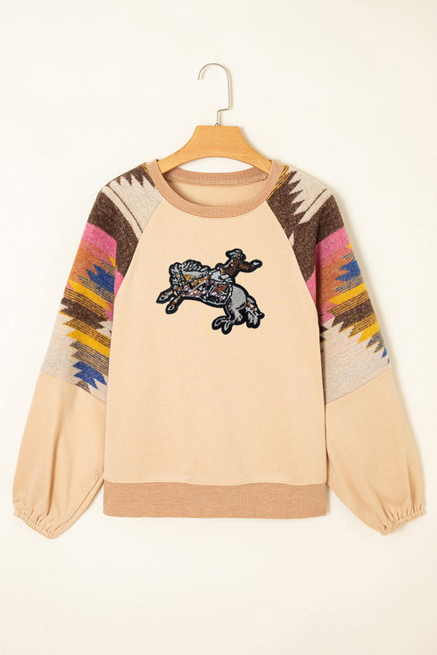 Western Sequin Bronco Graphic Print Sleeve Sweatshirt